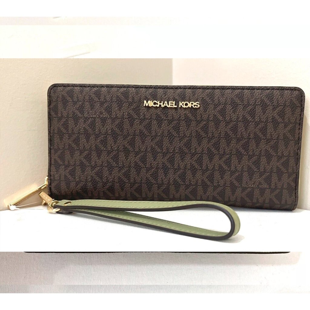 S Michael Kors Lg Continental Wallet Brown Army Green Wristlet 35f8gtvt3b Nwt F